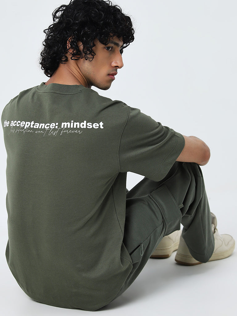 Studiofit Olive Text Printed Relaxed-Fit T-Shirt