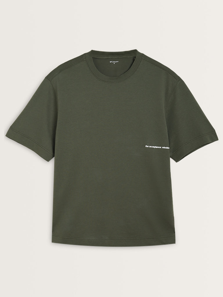 Studiofit Olive Text Printed Relaxed-Fit T-Shirt