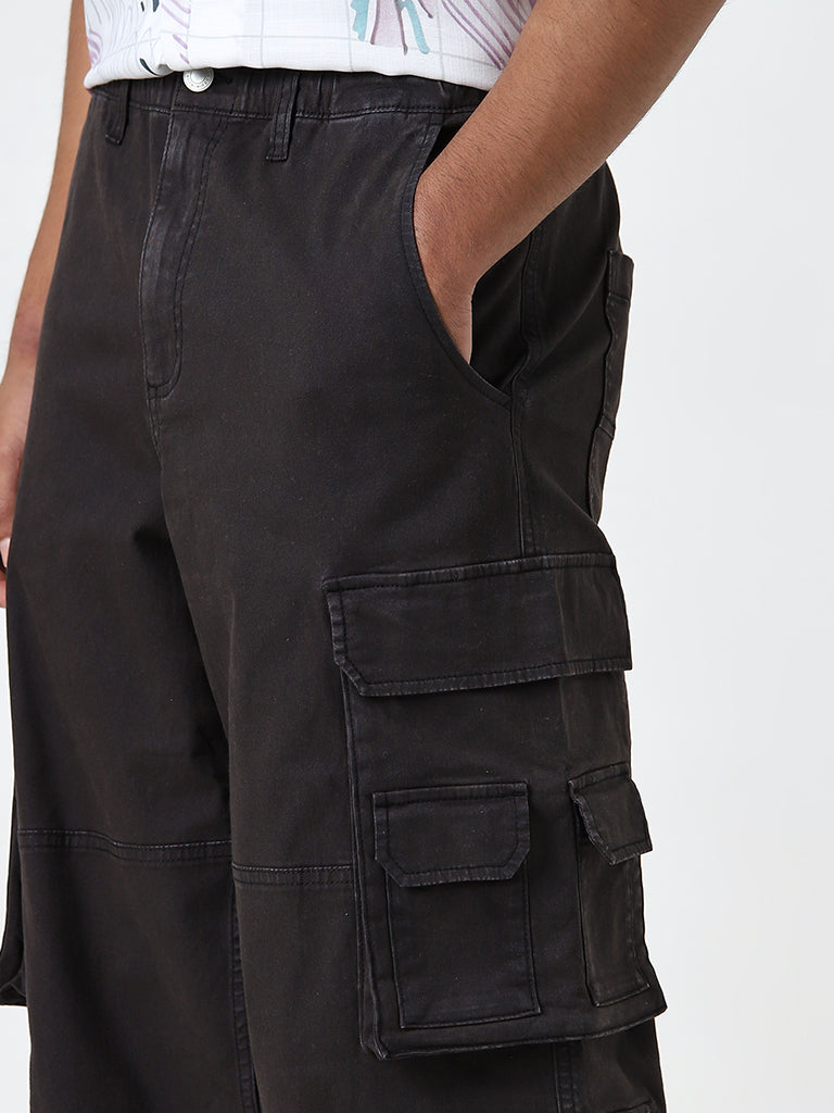 Nuon Black Mid - Rise Relaxed - Fit Cargo Jeans