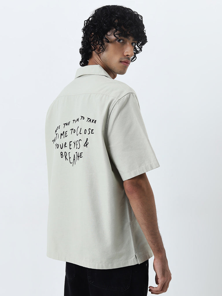 Nuon Sage Text Printed Relaxed Fit Cotton Shirt