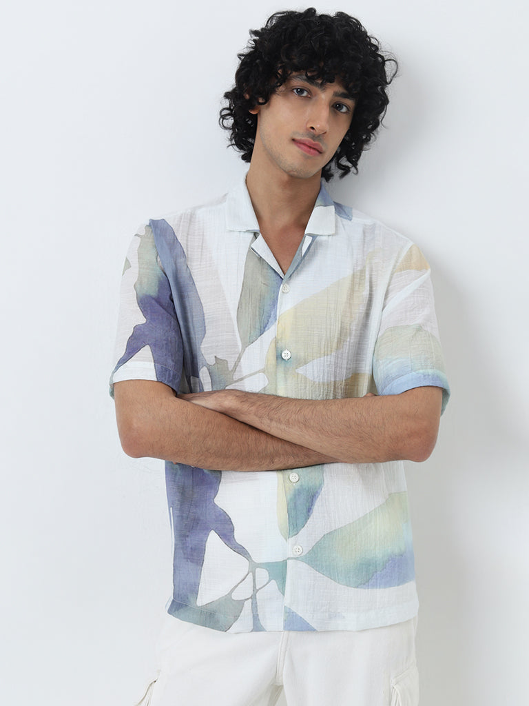 Nuon White Abstract Printed Relaxed-Fit Shirt