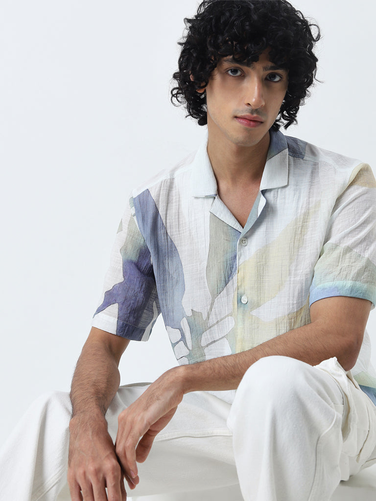 Nuon White Abstract Printed Relaxed-Fit Shirt