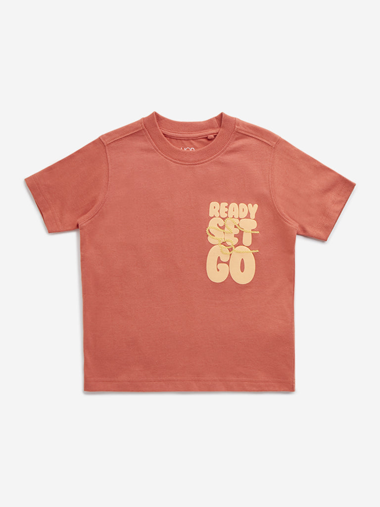 HOP Kids Dusty Orange Text-Printed Cotton T-Shirt