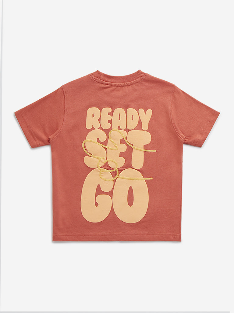 HOP Kids Dusty Orange Text-Printed Cotton T-Shirt