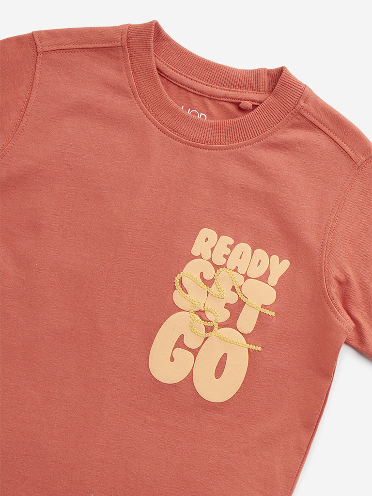 HOP Kids Dusty Orange Text-Printed Cotton T-Shirt