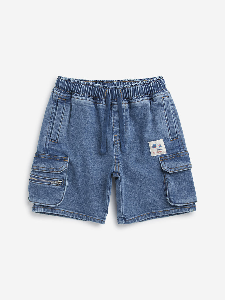 HOP Kids Blue Cargo-Style High-Rise Denim Shorts