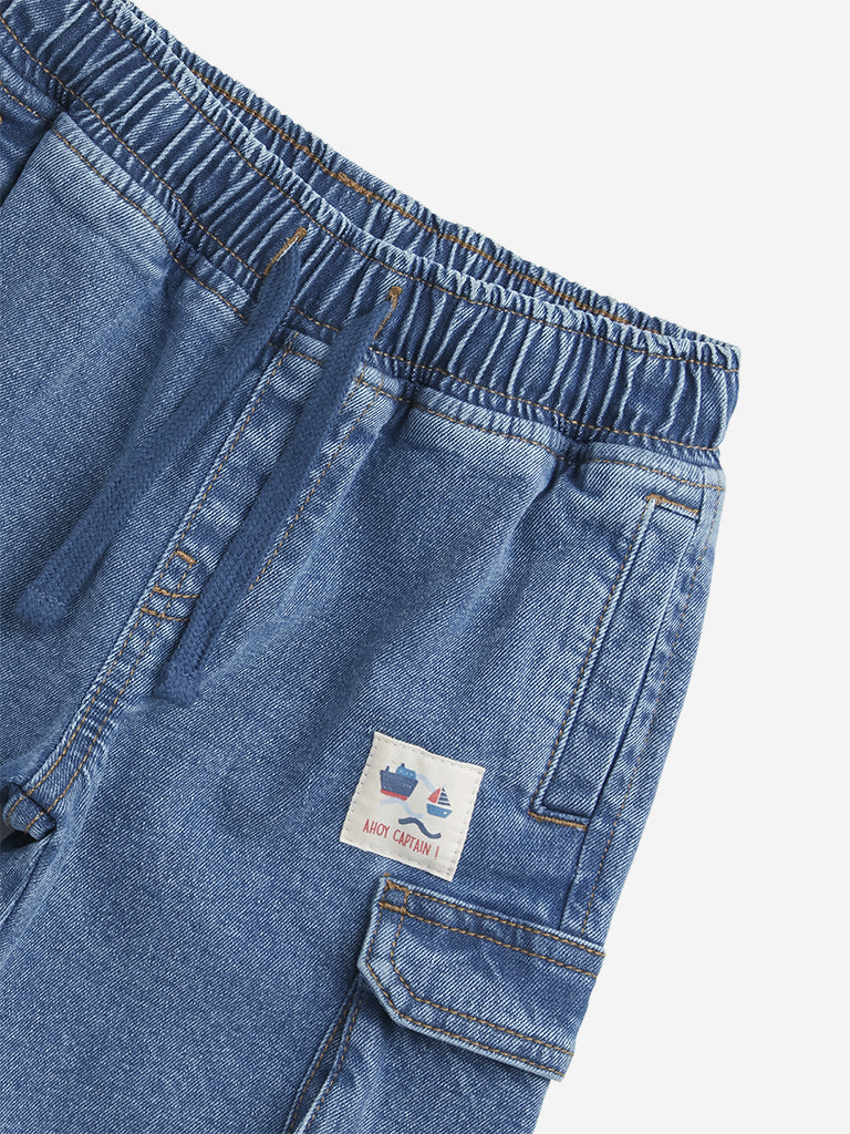 HOP Kids Blue Cargo-Style High-Rise Denim Shorts