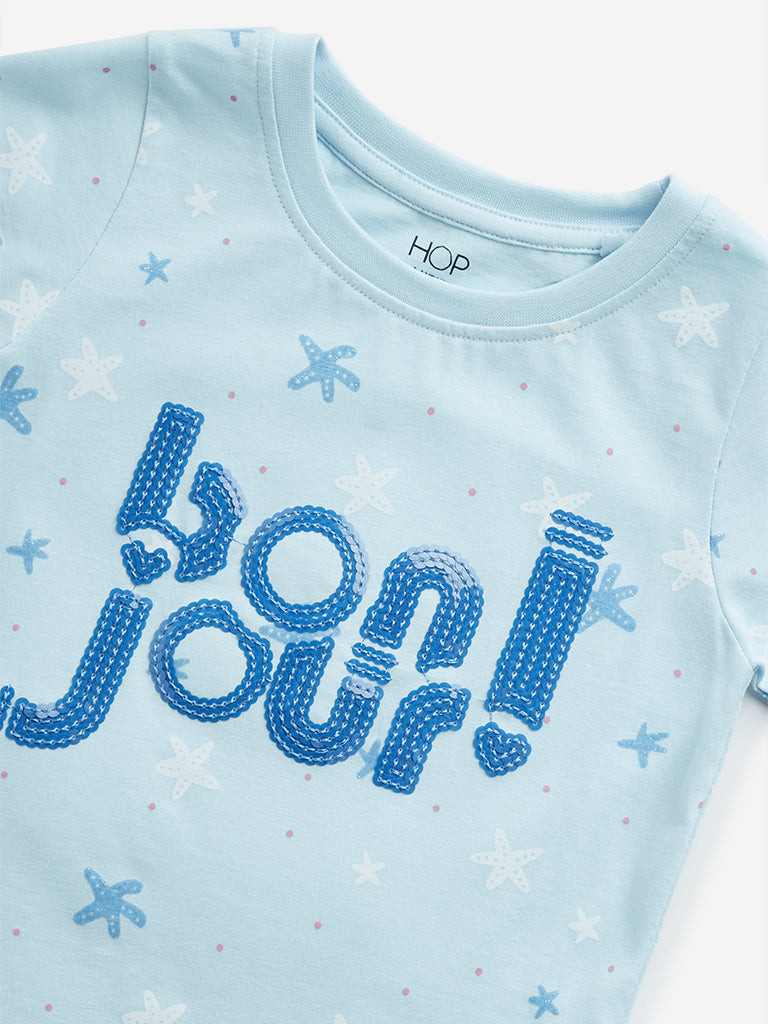 HOP Kids Blue Embellished Text Design Cotton T-Shirt