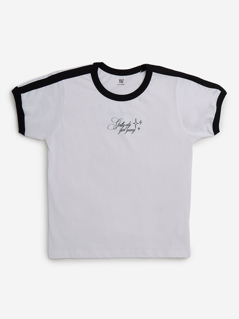 Y&F Kids White Text Printed Cotton T-Shirt