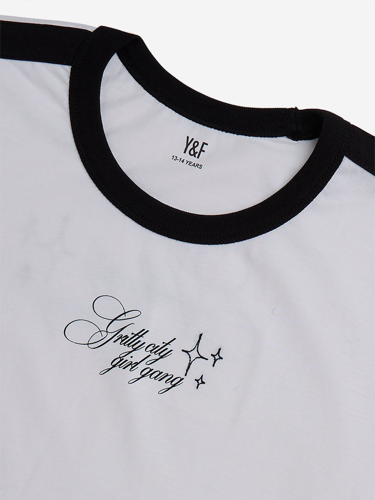 Y&F Kids White Text Printed Cotton T-Shirt