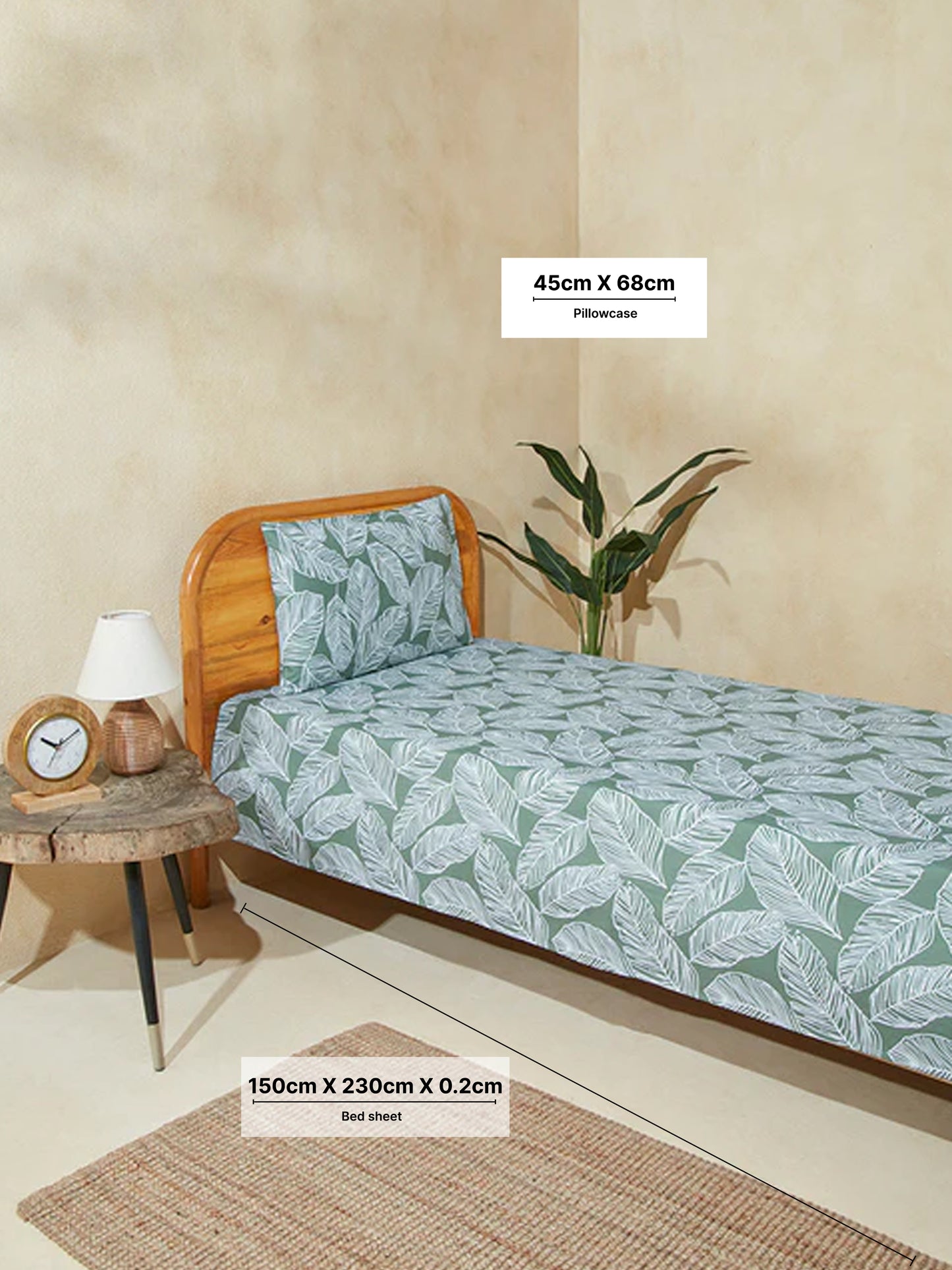 Westside Home Sage Leaf Single Bed Flat Sheet and Pillowcase Set