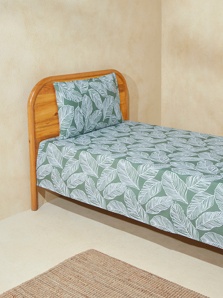 Westside Home Sage Leaf Single Bed Flat Sheet and Pillowcase Set