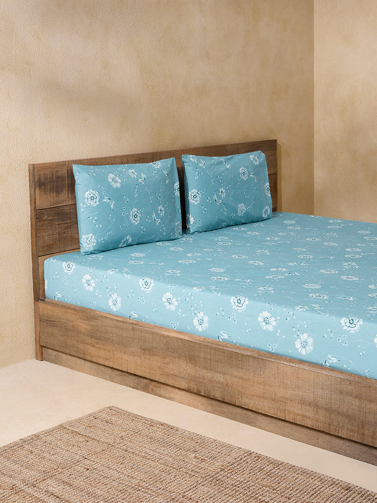 Westside Home Dusty Blue Botanical Print King Bed Flat Sheet and Pillowcover Set