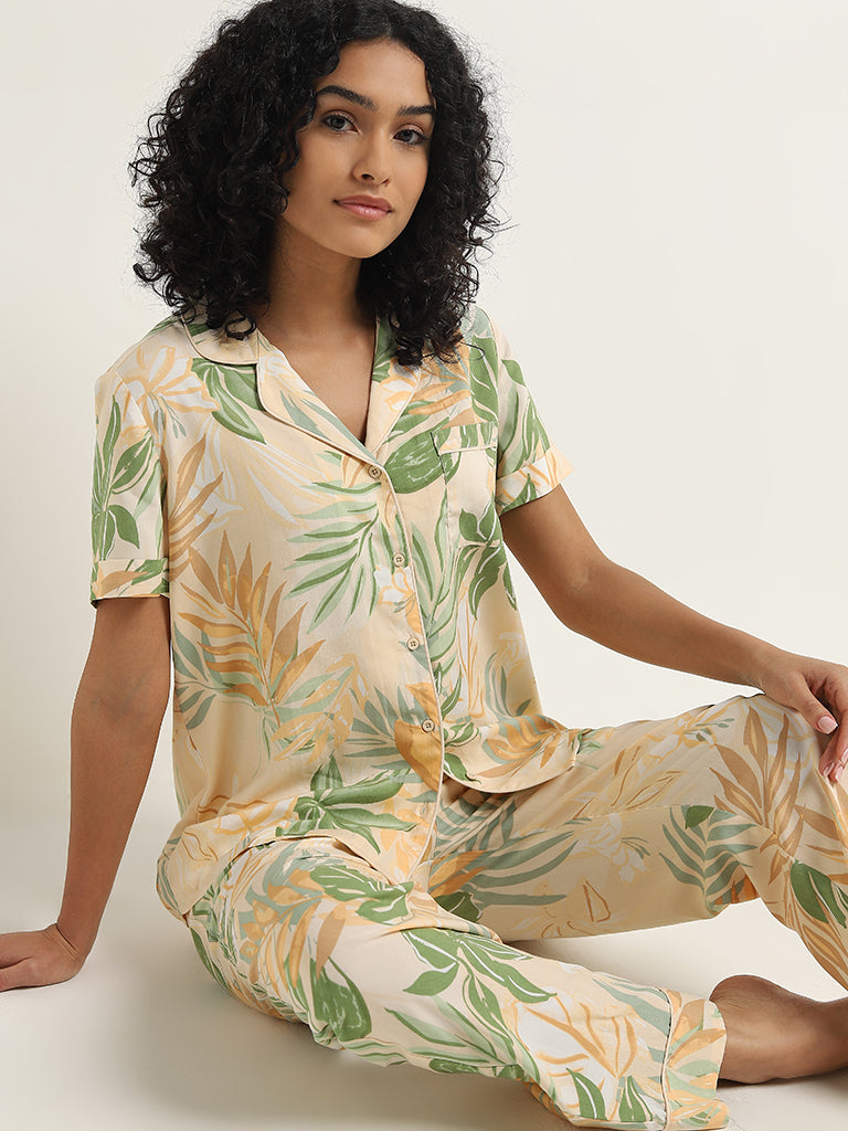 Wunderlove Light Orange Leaf Printed Shirt with Pyjamas Set