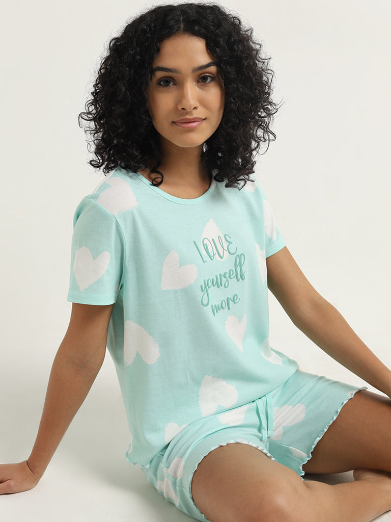 Wunderlove Light Sage Printed Cotton Shorts Set In A Bag