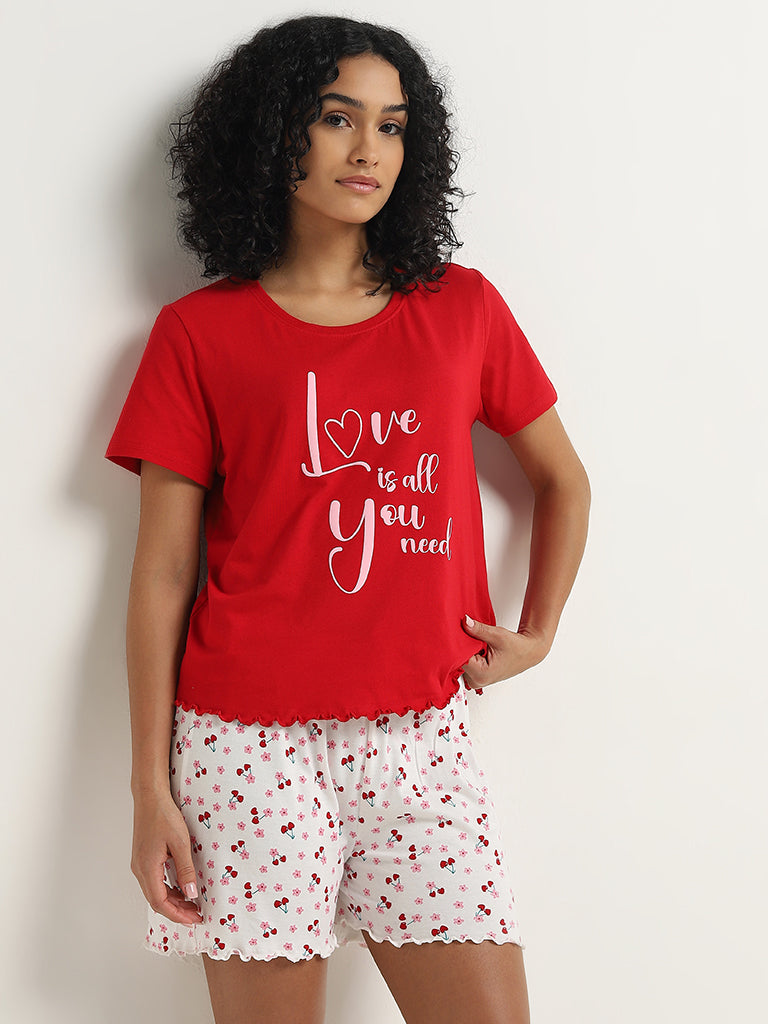 Wunderlove Red Text Printed Cotton Shorts Set In A Bag