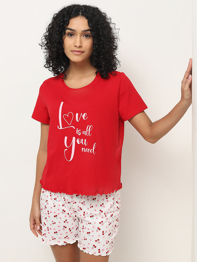 Wunderlove Red Text Printed Cotton Shorts Set In A Bag