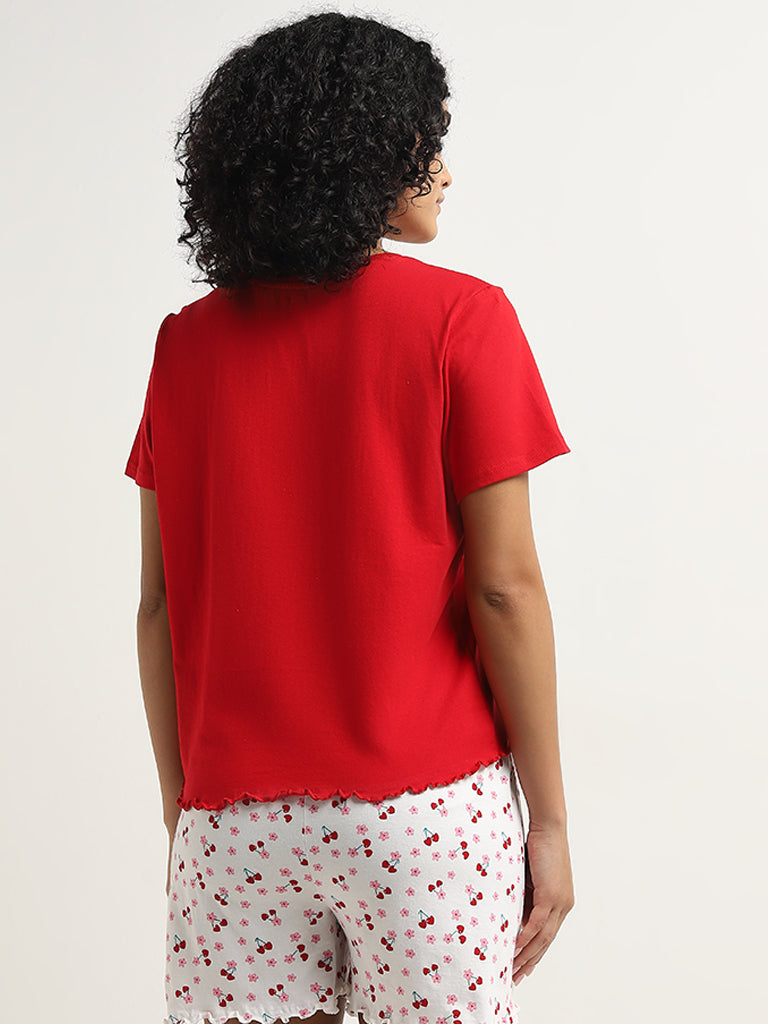 Wunderlove Red Text Printed Cotton Shorts Set In A Bag