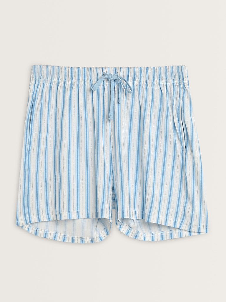 Wunderlove Blue Striped Design High-Rise Cotton Shorts