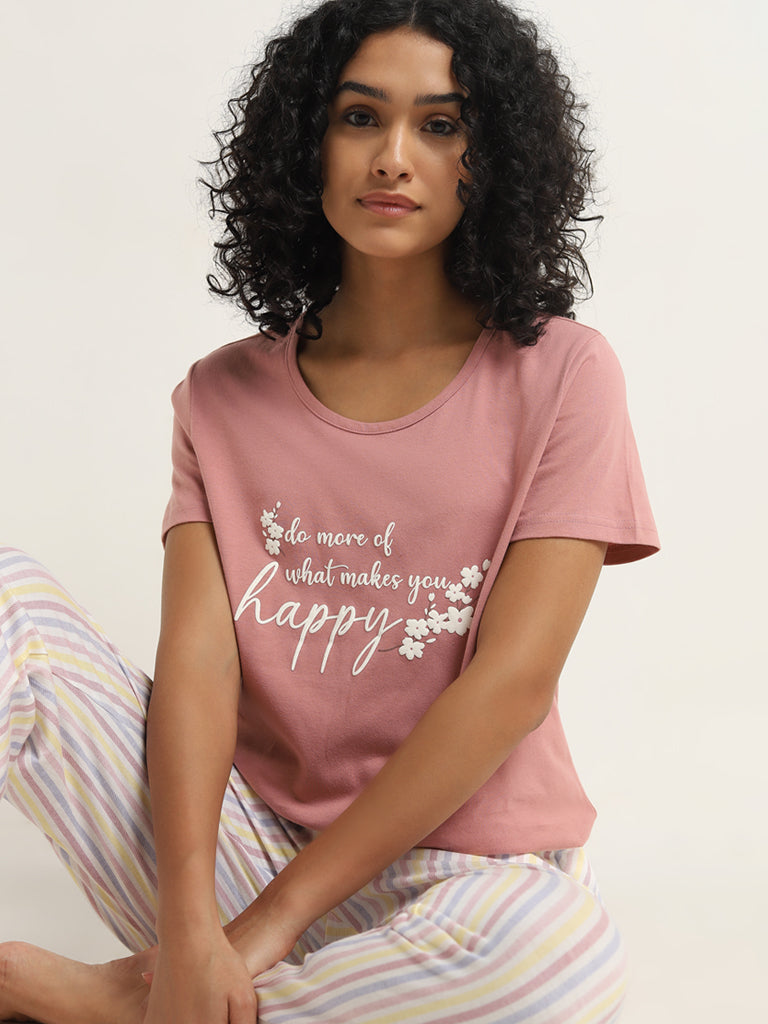 Wunderlove Blush Pink Text Printed Cotton T-Shirt