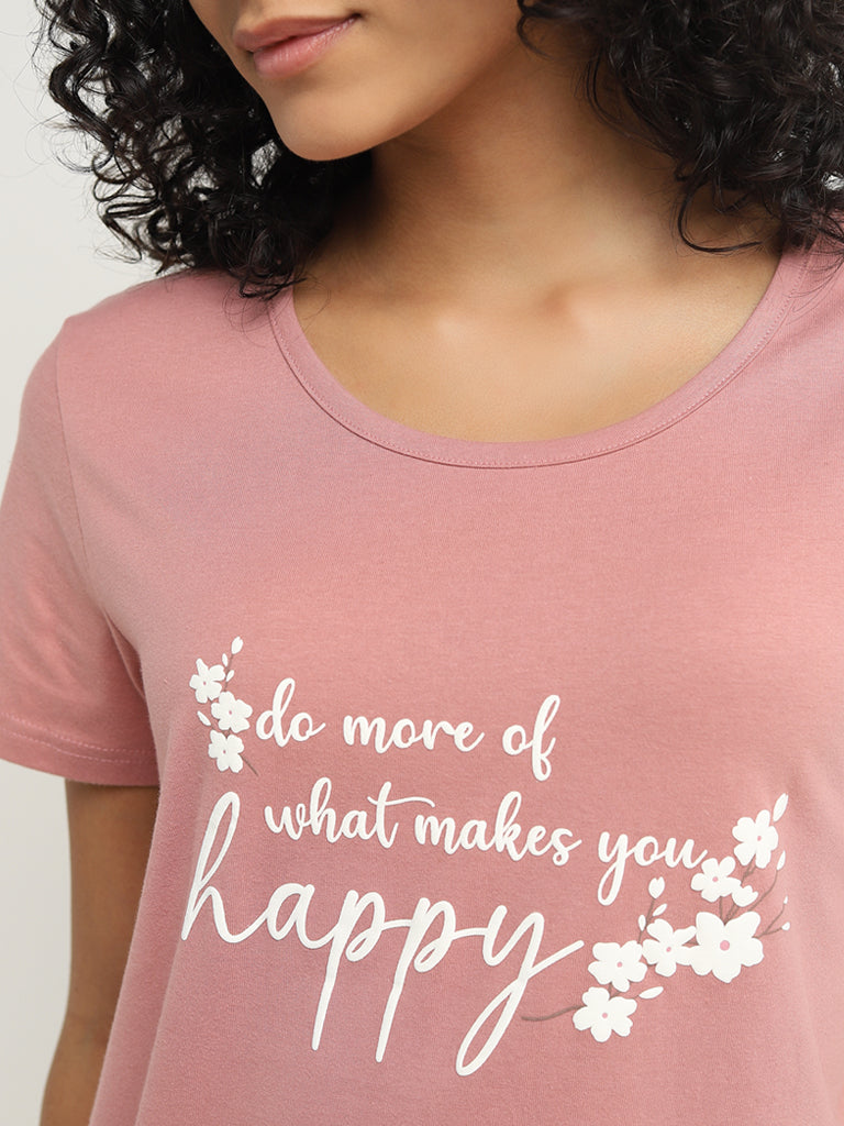 Wunderlove Blush Pink Text Printed Cotton T-Shirt