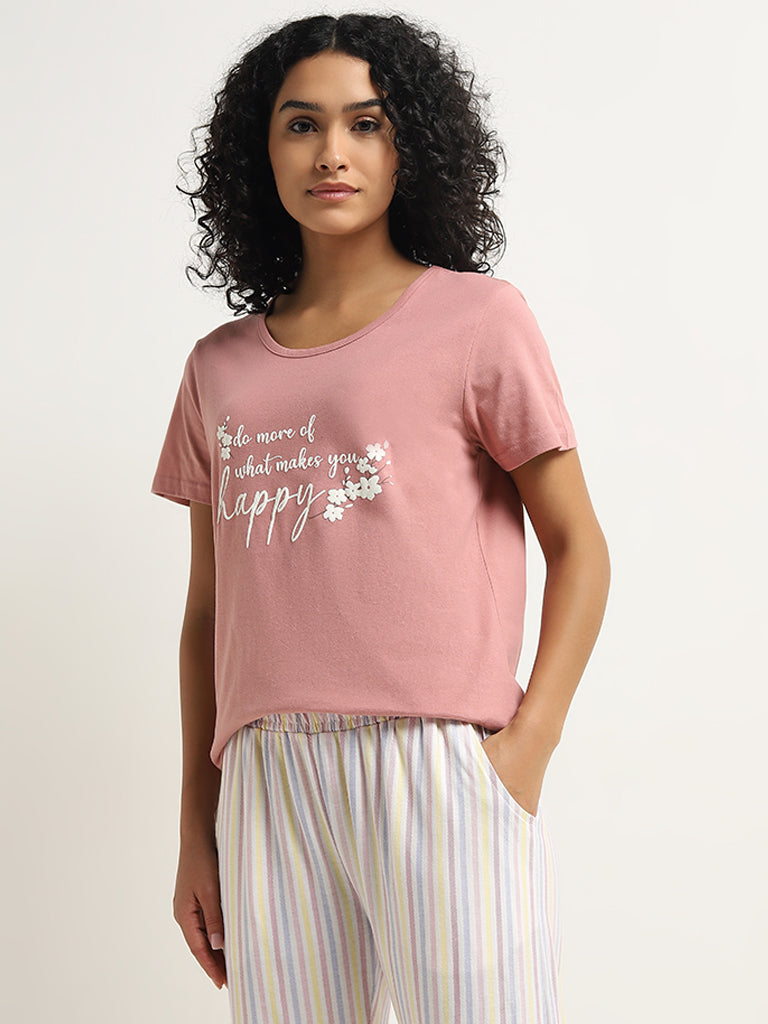 Wunderlove Blush Pink Text Printed Cotton T-Shirt