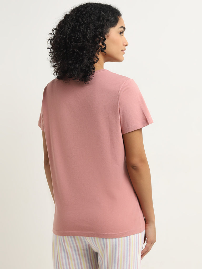 Wunderlove Blush Pink Text Printed Cotton T-Shirt