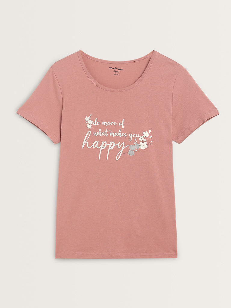 Wunderlove Blush Pink Text Printed Cotton T-Shirt