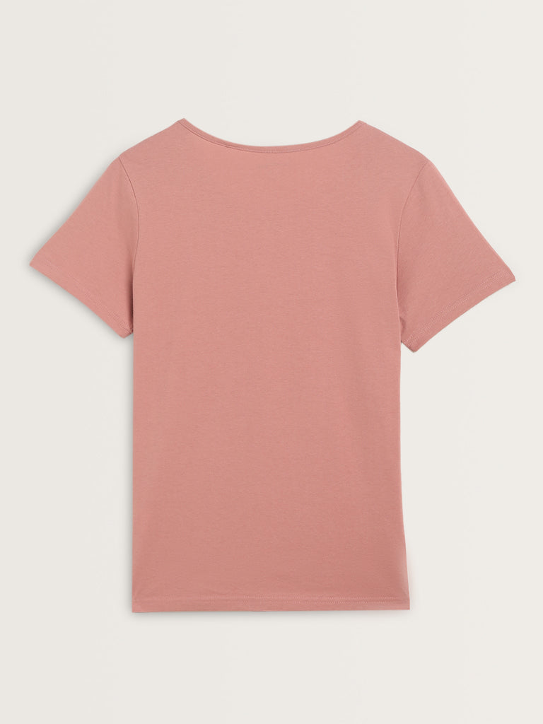 Wunderlove Blush Pink Text Printed Cotton T-Shirt