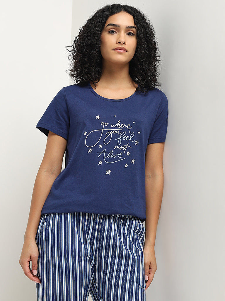 Wunderlove Navy Text Printed Cotton T-Shirt