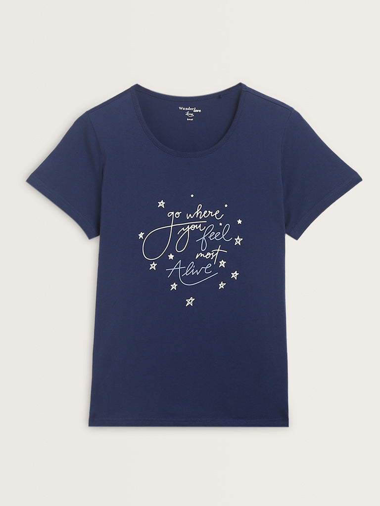 Wunderlove Navy Text Printed Cotton T-Shirt