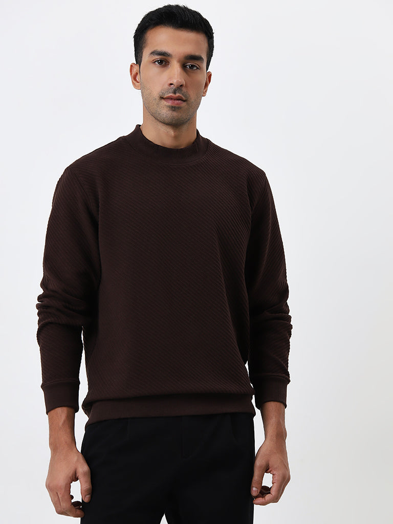 Ascot Dark Brown Ribbed Textured Relaxed Fit Sweatshirt