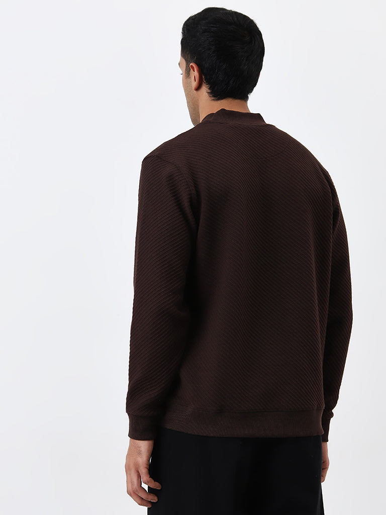 Ascot Dark Brown Ribbed Textured Relaxed Fit Sweatshirt