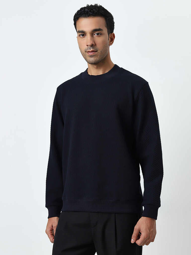 Ascot Navy Ribbed-Textured Relaxed-Fit Sweatshirt