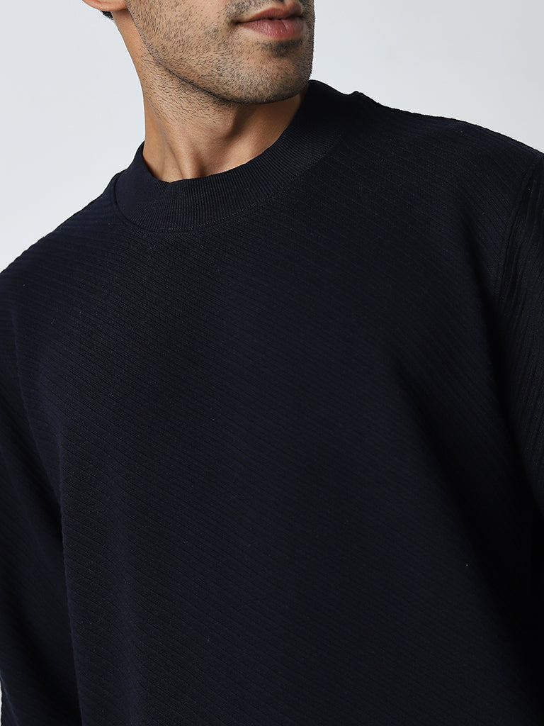 Ascot Navy Ribbed-Textured Relaxed-Fit Sweatshirt