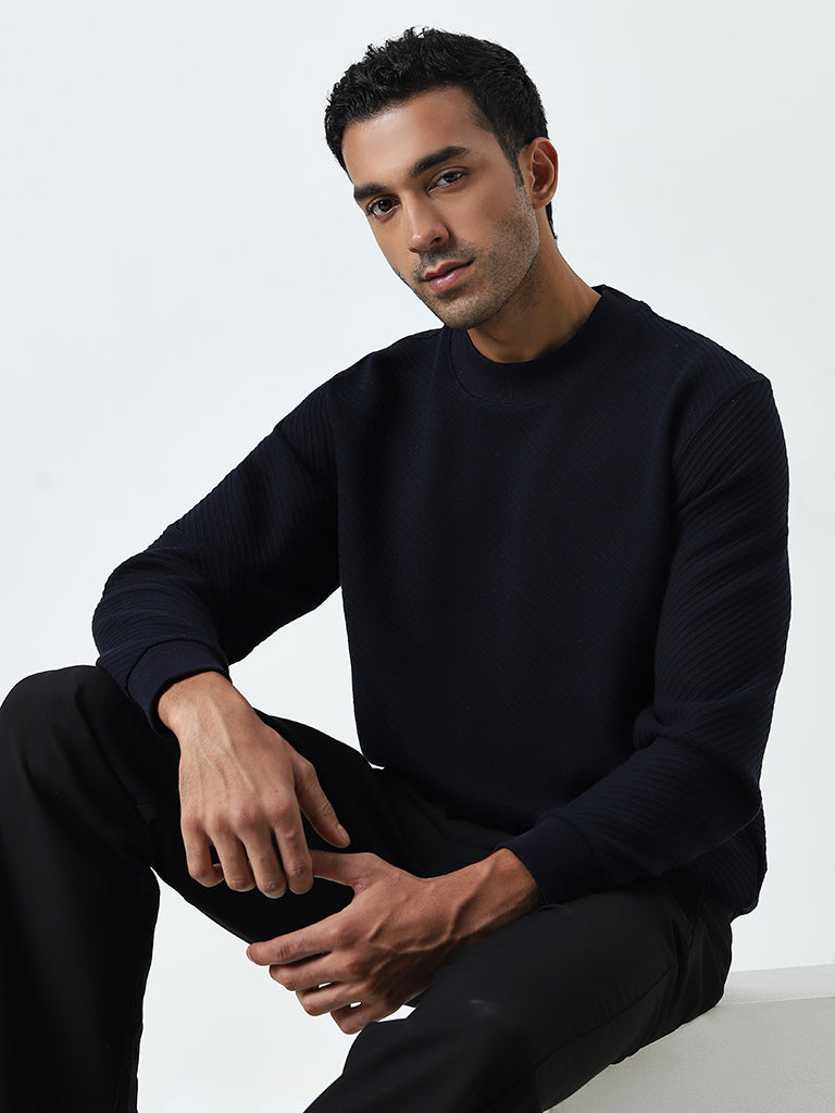 Ascot Navy Ribbed-Textured Relaxed-Fit Sweatshirt