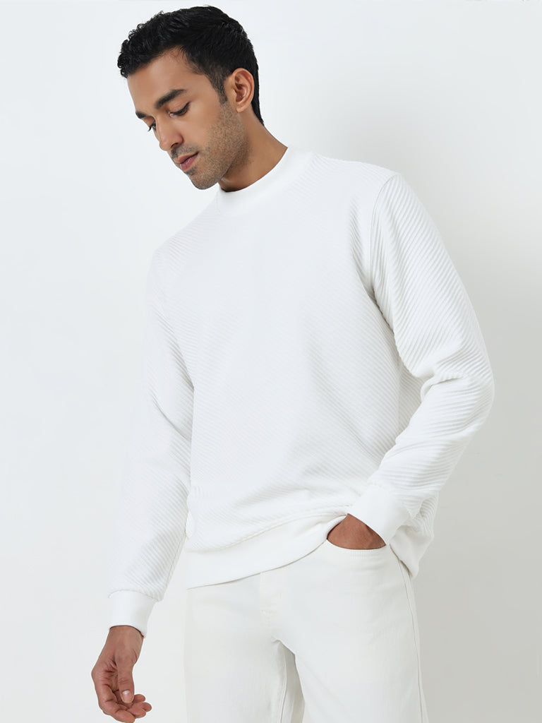 Ascot White Ribbed-Textured Relaxed-Fit Sweatshirt