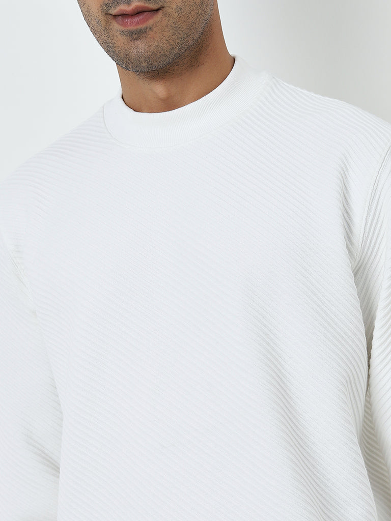 Ascot White Ribbed-Textured Relaxed-Fit Sweatshirt