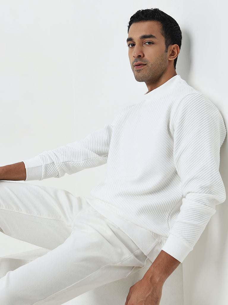 Ascot White Ribbed-Textured Relaxed-Fit Sweatshirt