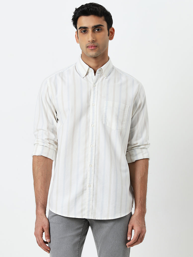 WES Casuals Off-White Striped Relaxed-Fit Cotton Shirt