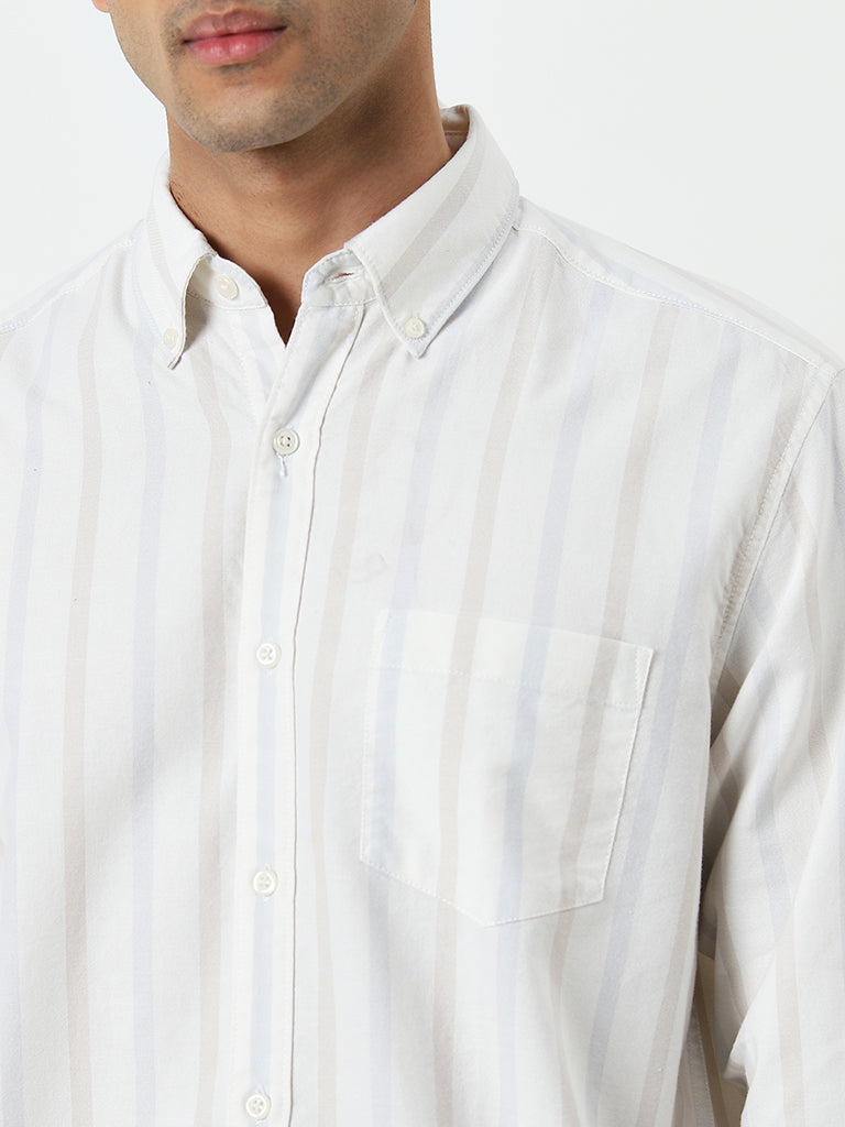 WES Casuals Off-White Striped Relaxed-Fit Cotton Shirt