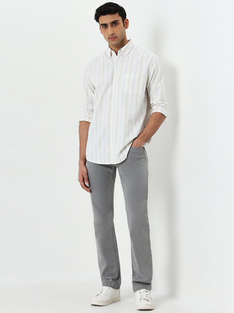 WES Casuals Off-White Striped Relaxed-Fit Cotton Shirt