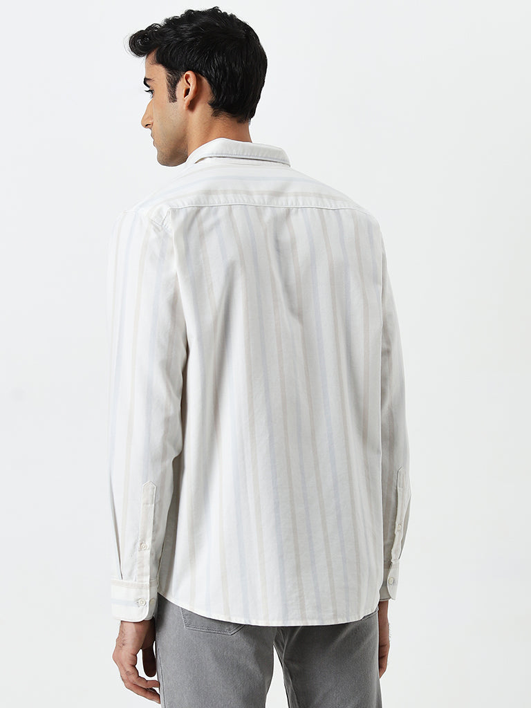 WES Casuals Off-White Striped Relaxed-Fit Cotton Shirt