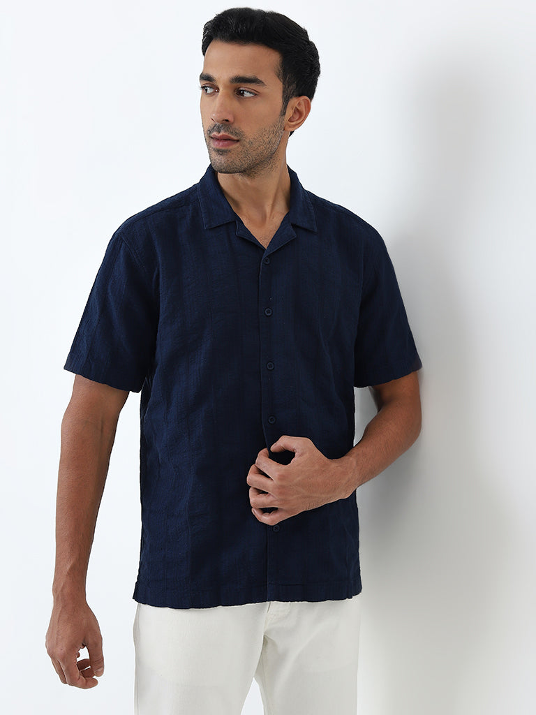 WES Casuals Navy Seersucker Relaxed-Fit Cotton Shirt