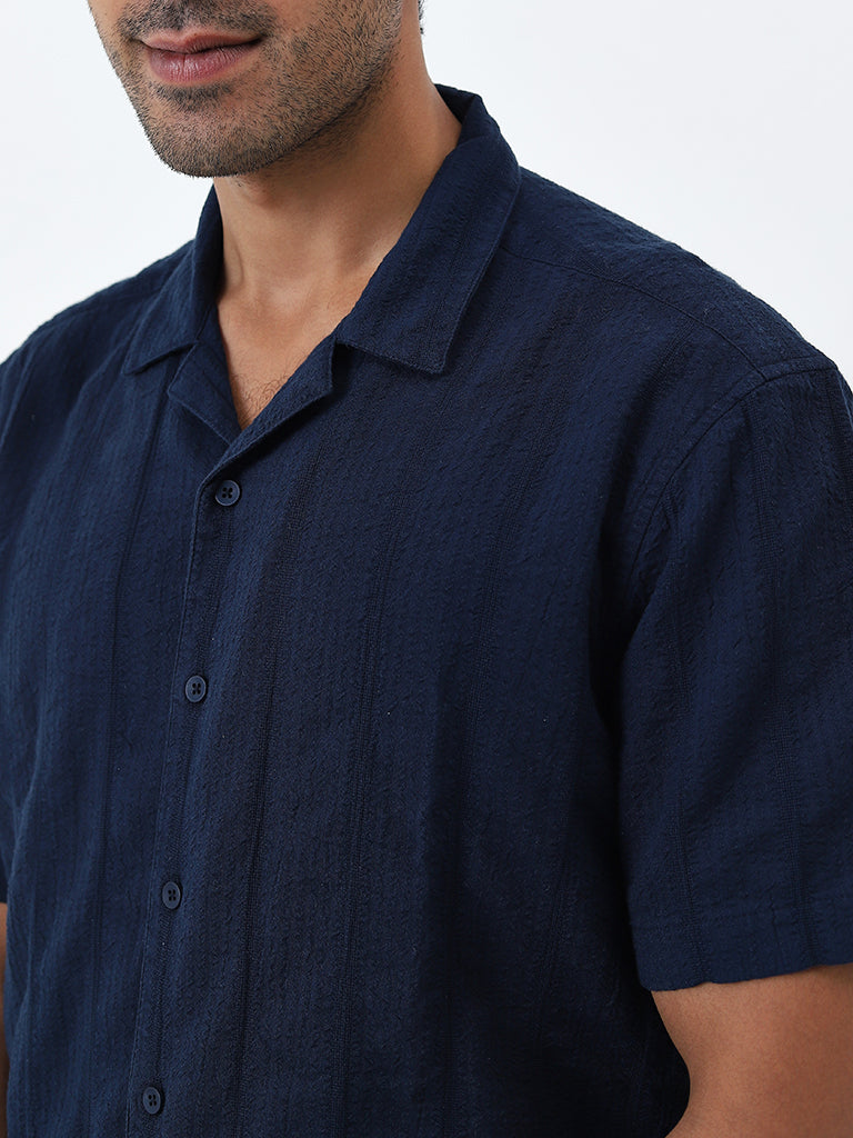 WES Casuals Navy Seersucker Relaxed-Fit Cotton Shirt