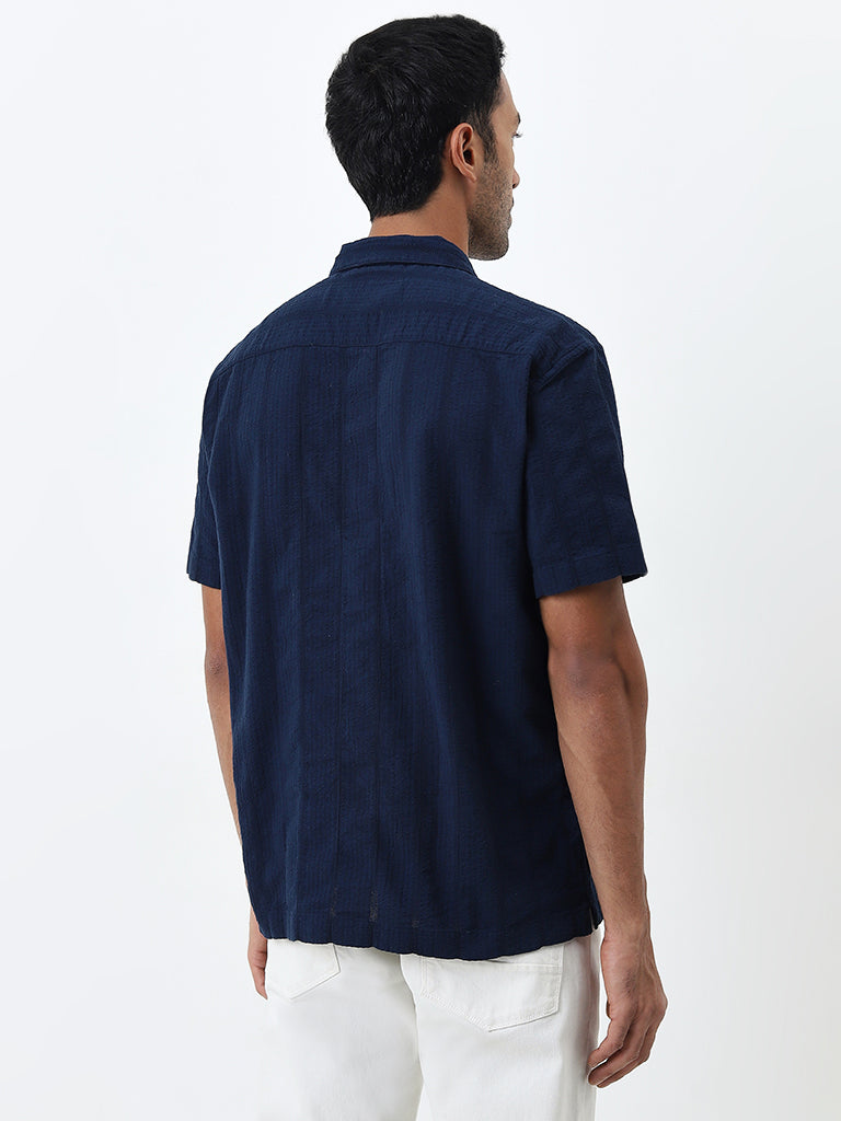 WES Casuals Navy Seersucker Relaxed-Fit Cotton Shirt