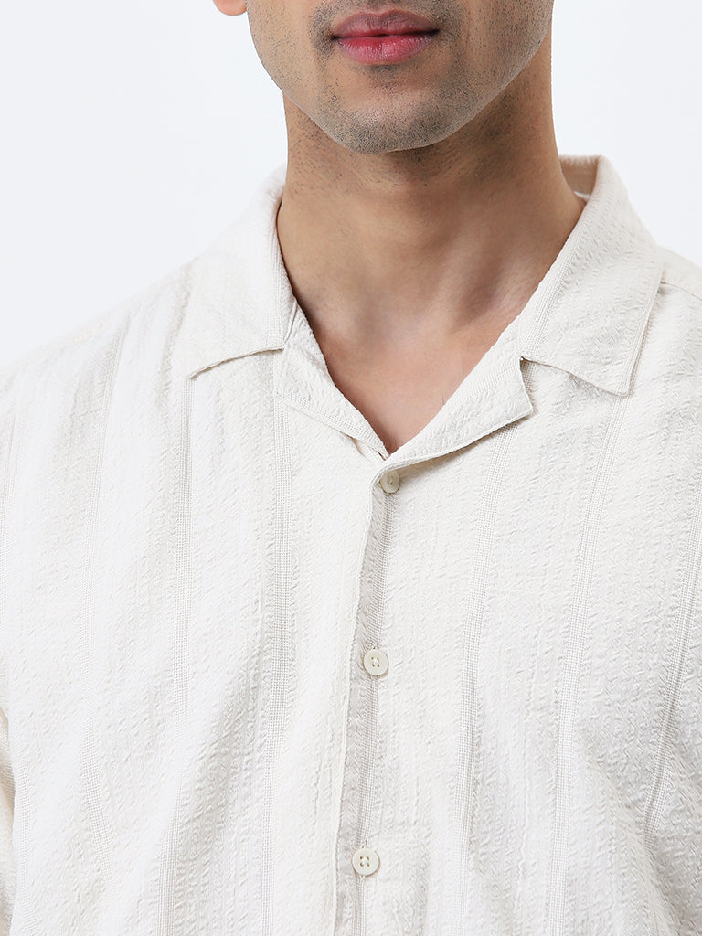 WES Casuals Off-White Seersucker Relaxed-Fit Cotton Shirt