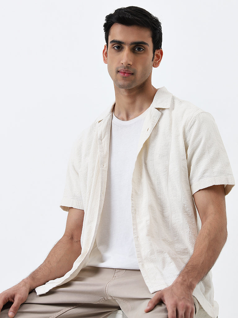 WES Casuals Off-White Seersucker Relaxed-Fit Cotton Shirt