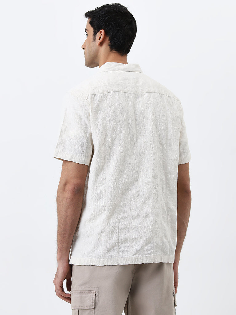 WES Casuals Off-White Seersucker Relaxed-Fit Cotton Shirt