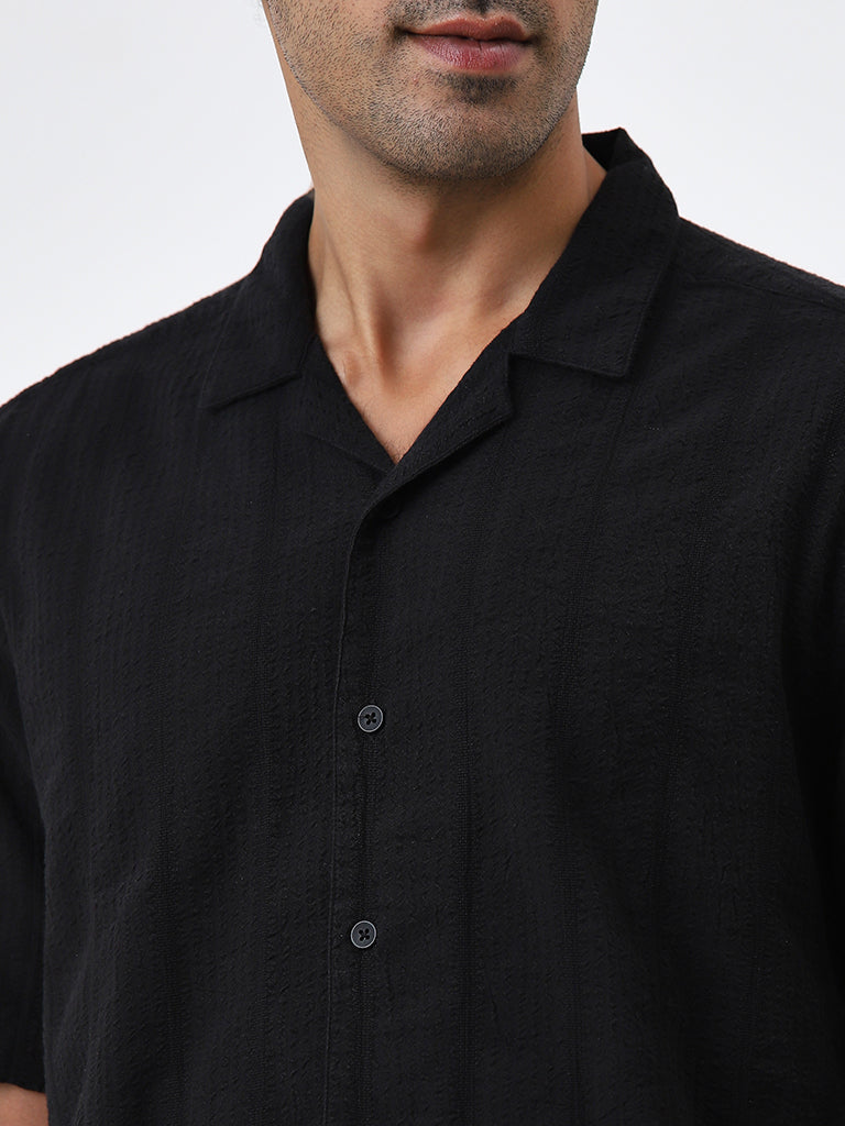 WES Casuals Black Textured Relaxed-Fit Cotton Shirt